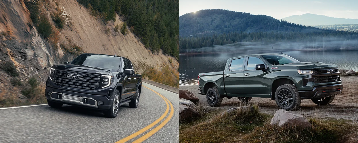 split image of a 2026 GMC Sierra 1500 and a Chevy Silverado 1500