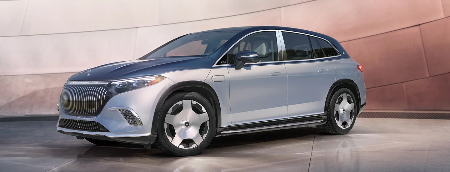Side view of a parked 2025 Mercedes-Benz EQS Maybach in a show room