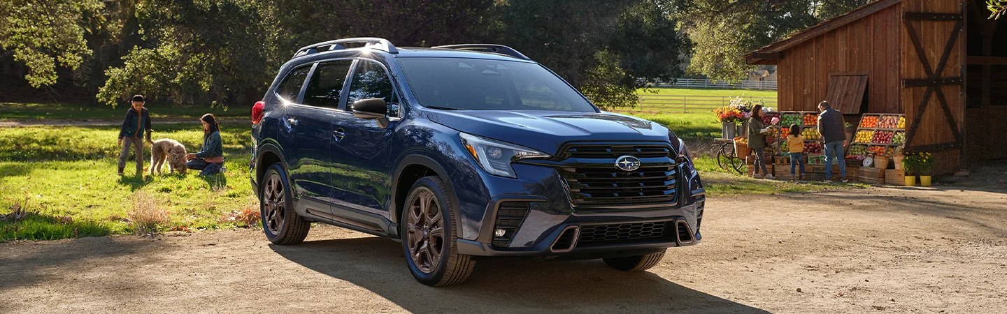 Front view of a parked blue 2025 Subaru Ascent at a farm with people buying fresh food in Chattanooga, TN