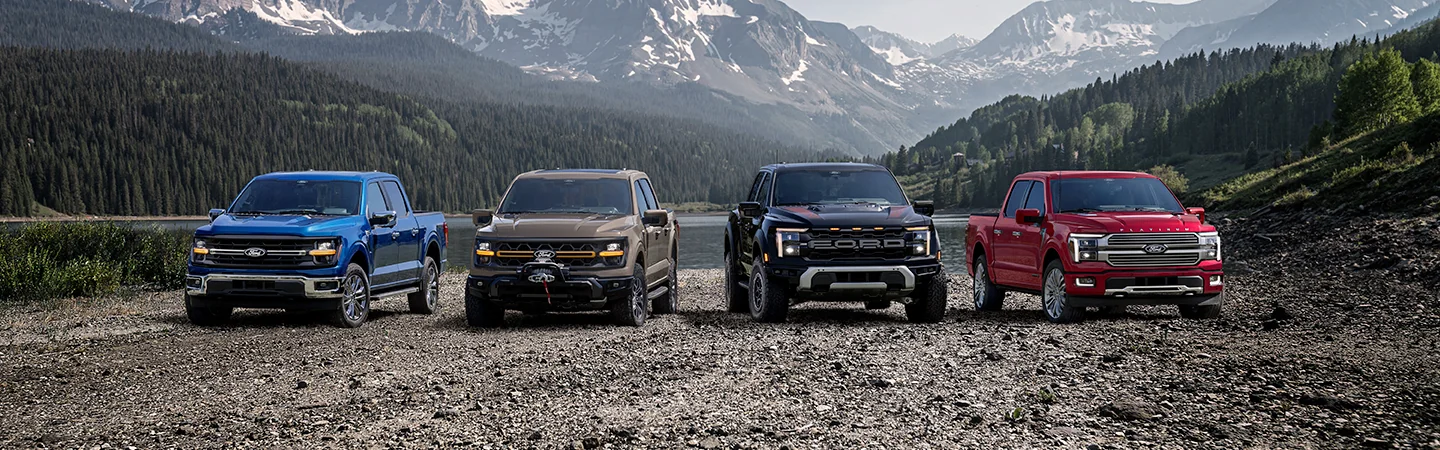 4 2025 Ford F-150 lineup parked in a valley