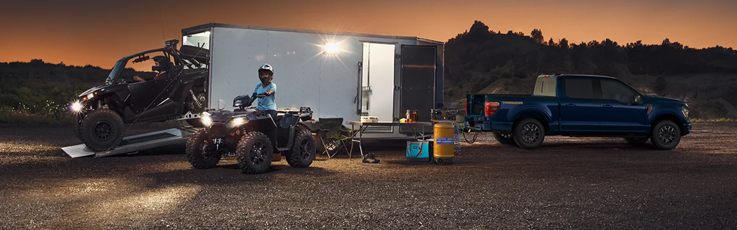 2025 Ford F-150  trailer towed with offroad vehicles unloading