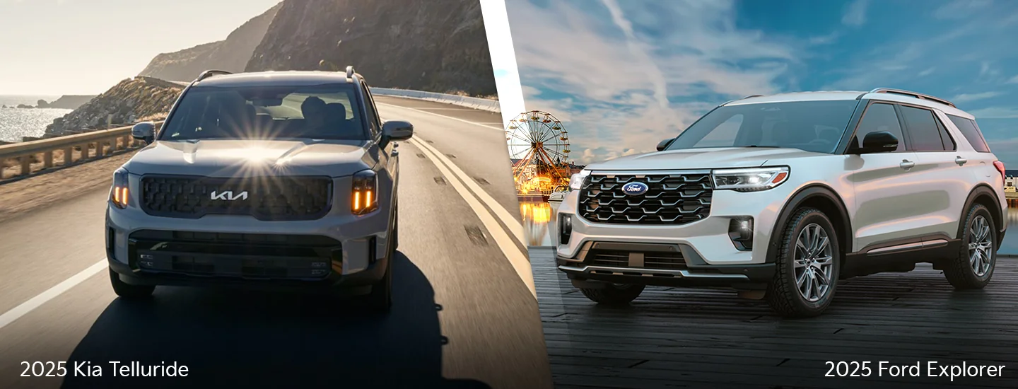 2025 Kia Telluride SX-Prestige X-Pro and Ford Explorer split image