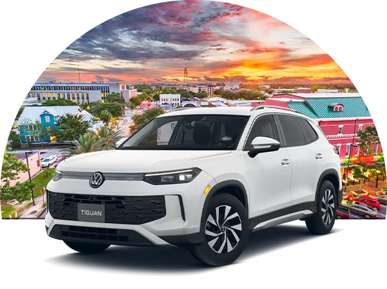Volkswagen parked in front of cityscape