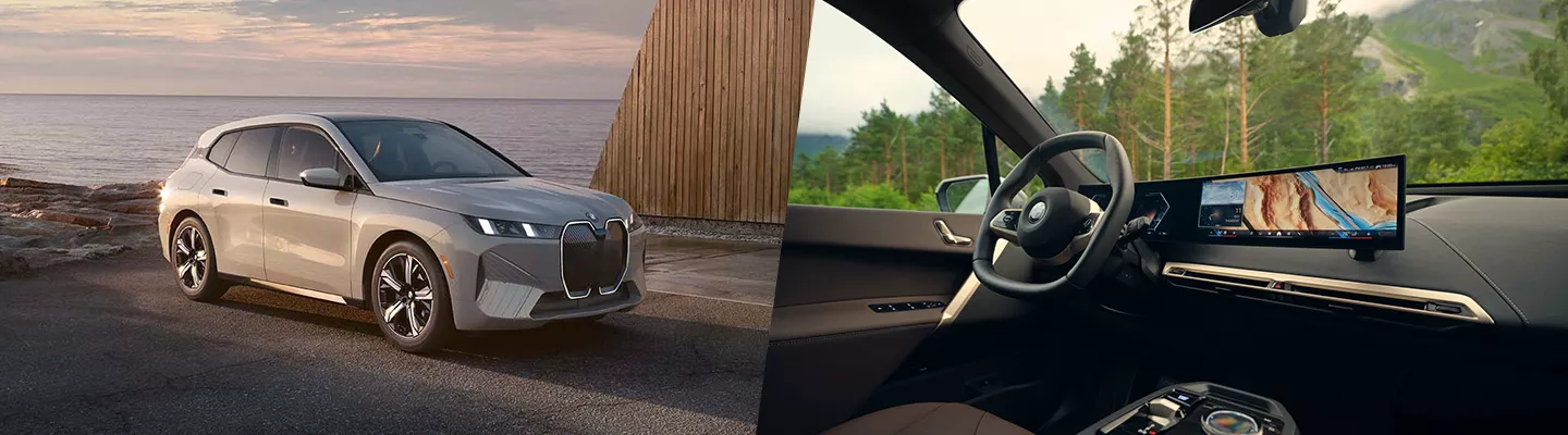 Split view of a BMW driving with a sunset in the background and an interior view of a BMW