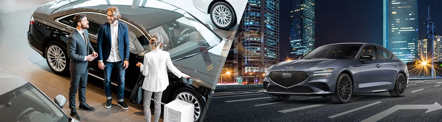 Three people talking next to a new Mercedes-Benz vehicle