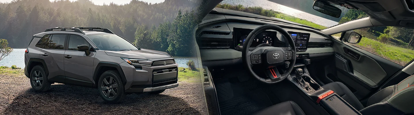Image of a parked gray 2026 Toyota RAV4 by a lake and another image of the interior view of the front seat in a 2026 Toyota RAV4