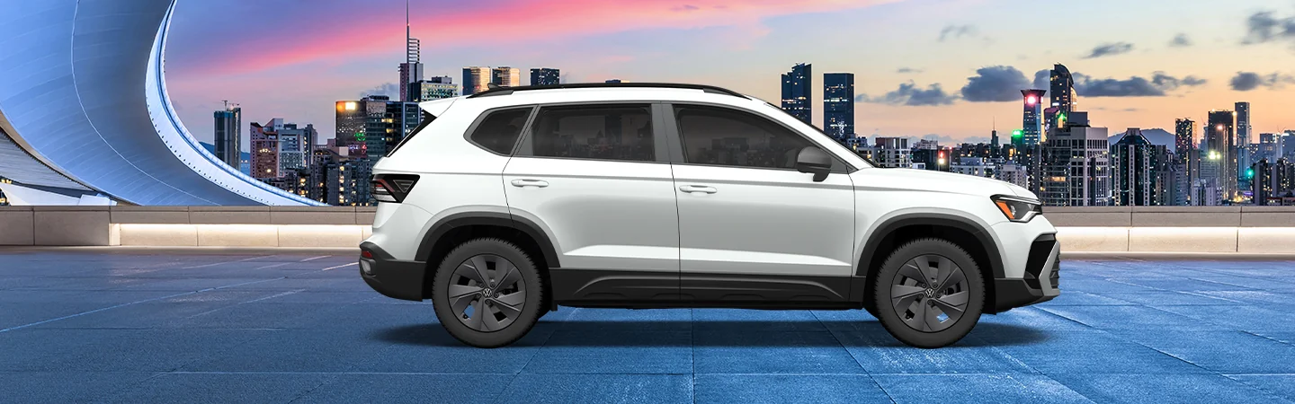 2025 Volkswagen Taos white color car city view