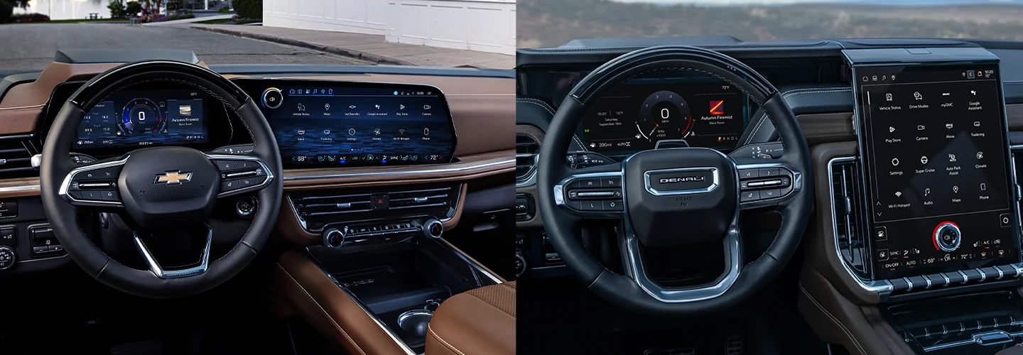Interior view of Side by side dashboard of a 2025 Chevrolet Suburban and a GMC Yukon