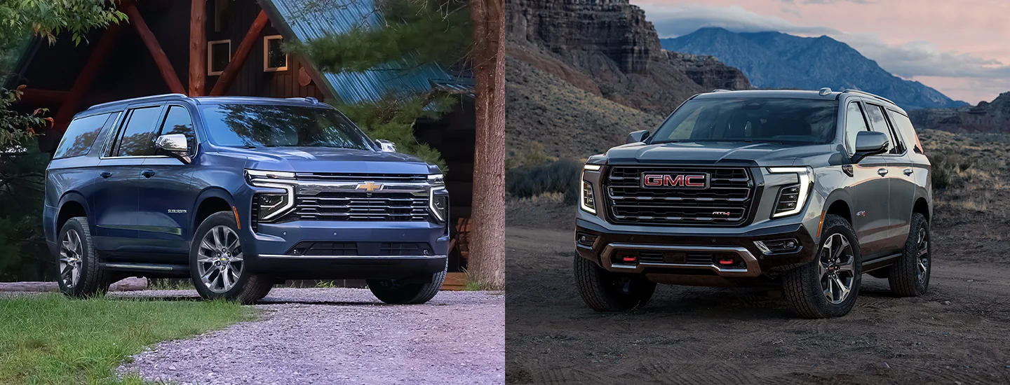 Side by side view of 2025 Chevrolet Suburban and a GMC Yukon