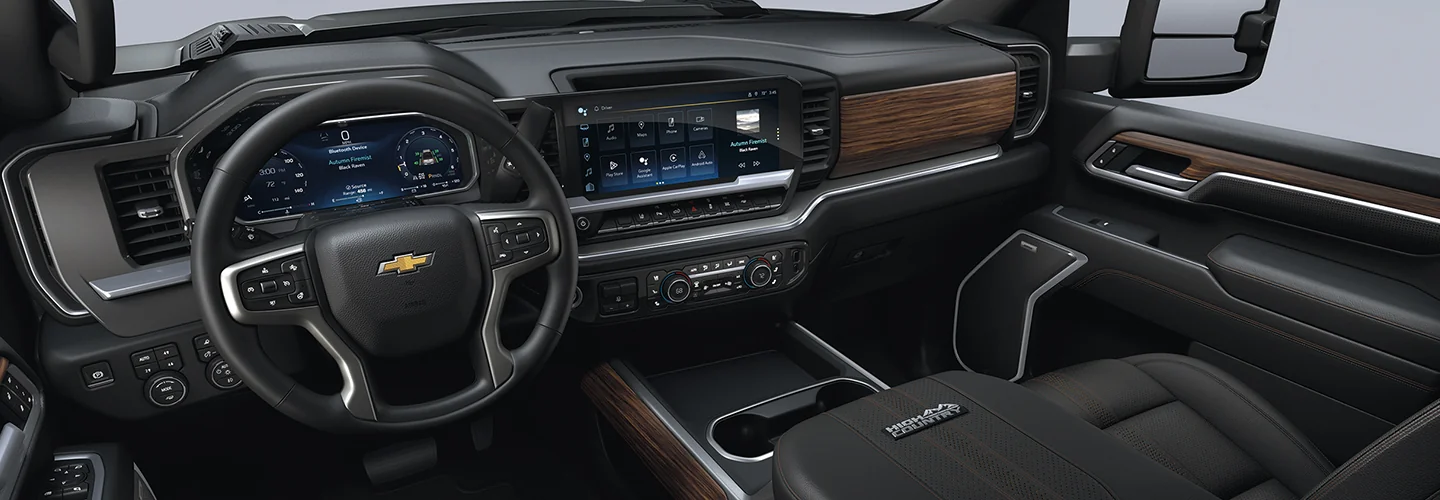 Interior view of the dashboard and tech of a 2026 Chevy Silverado 2500