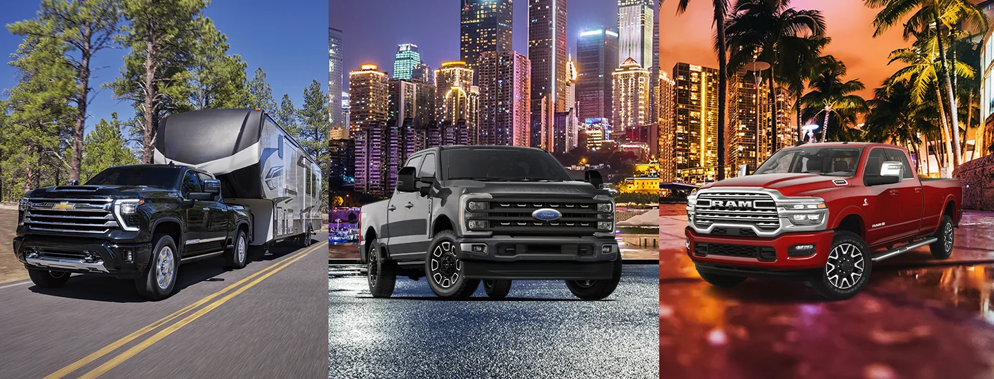 Side by side images of a 2026 Chevy Silverado 2500 a Ford F-250 and RAM 2500
