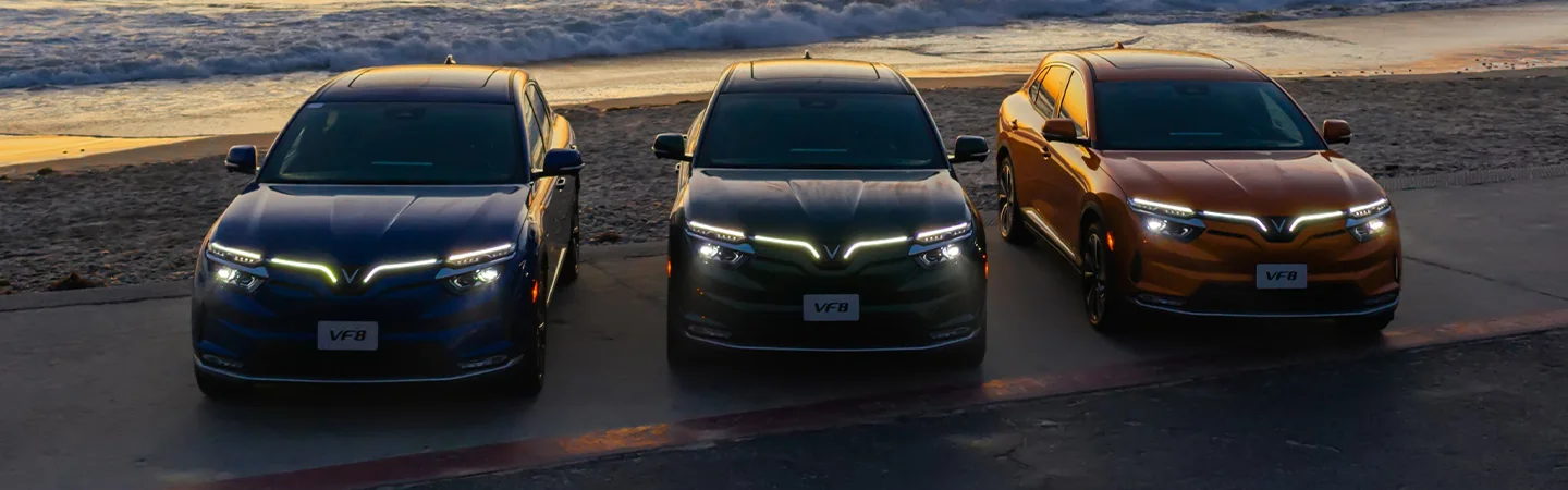 lineup of 3 2025 VinFast VF 8 Eco