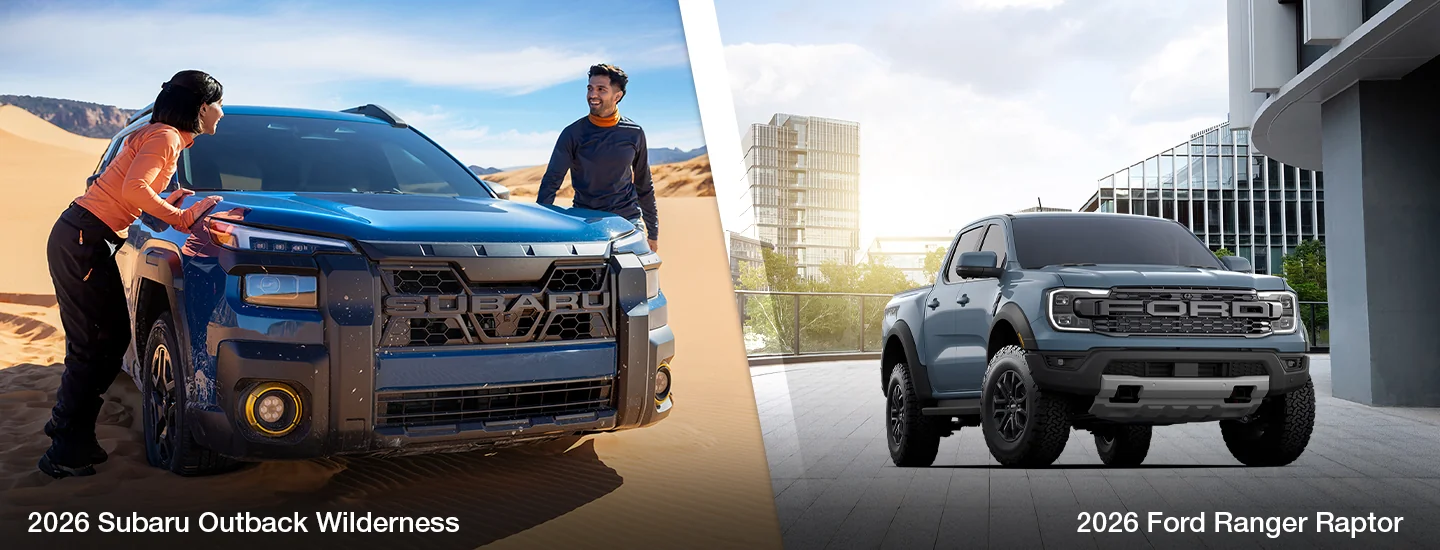 view of a split image with a 2026 Subaru Outback Wilderness and a Ford Ranger