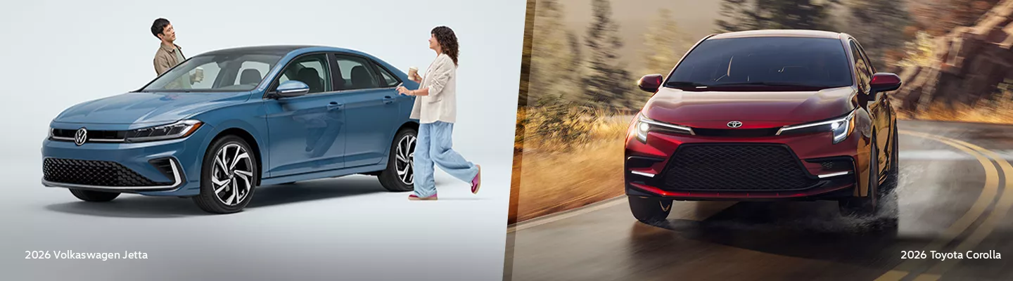 2026 Volkswagen Jetta and 2026 Totoral Corolla side by side