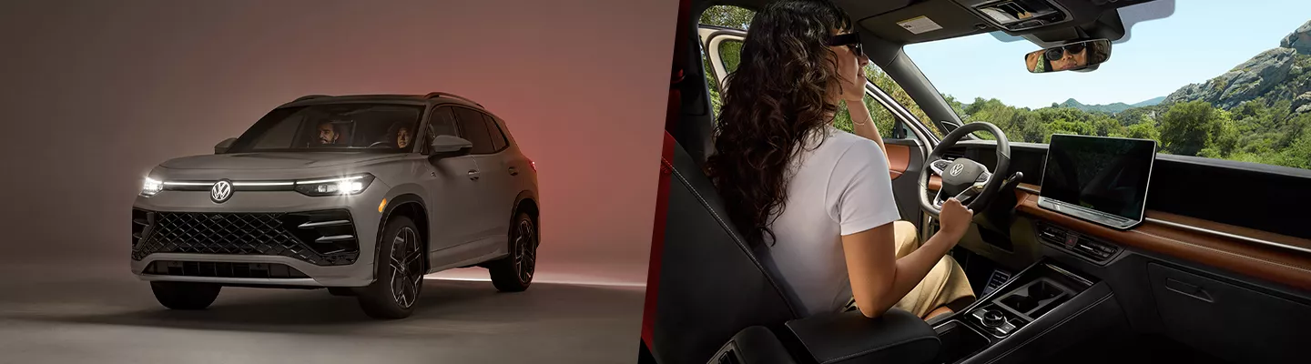 Side by side view of the 2026 Volkswagen Tiguan and a person sitting inside the vehicle