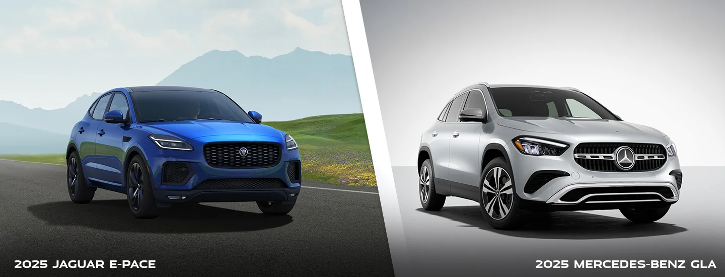 Side by side comparison of a Jaguar E-PACE and a Mercedes-Benz GLA