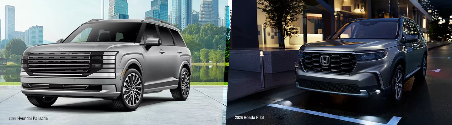 2026 Hyundai Pailsade and 2026 Honda Pilot next to each other