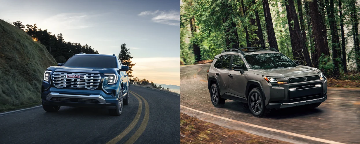 split image of a 2026 GMC Terrain and a 2026 Toyota RAV4
