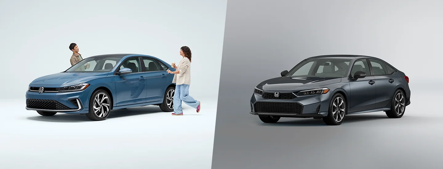 split screen with a 2025 Volkswagen Jetta SEL and a 2025 Honda Civic Sport Touring Hybrid