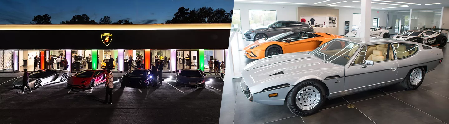 Lambo dealership outside at night split image to daytime in the showroom