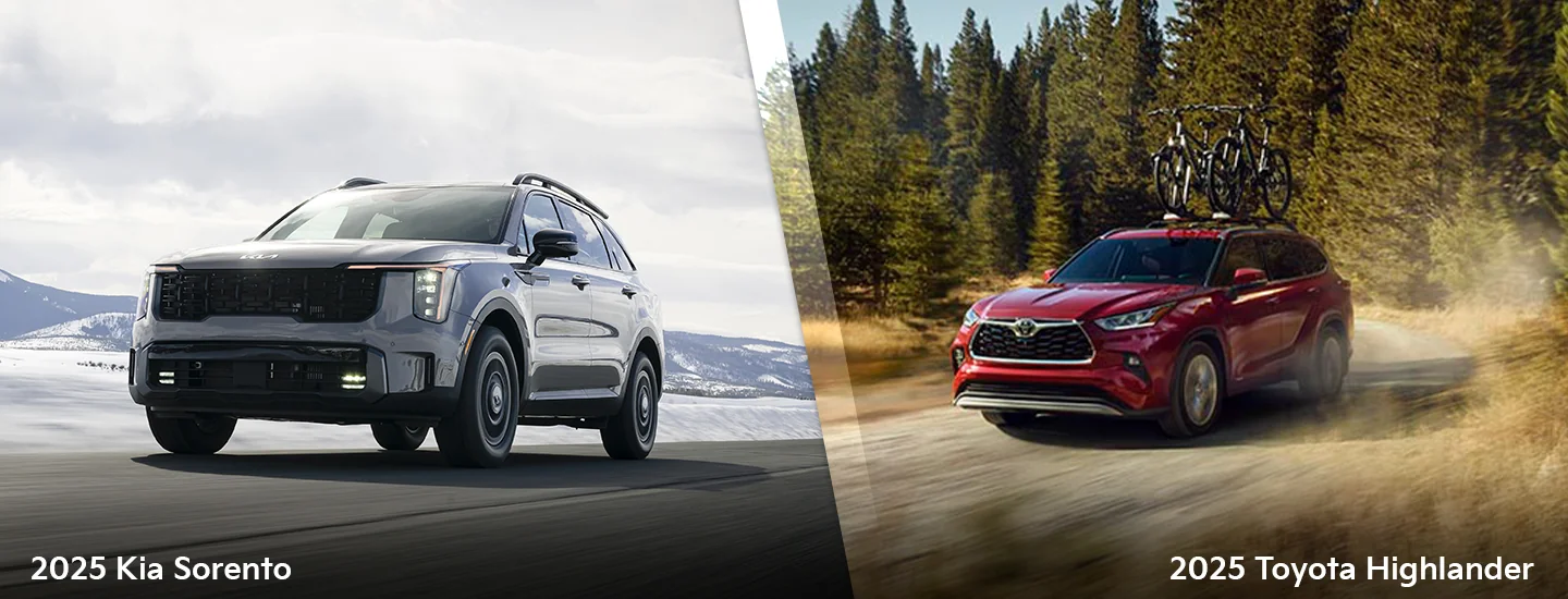 Side by side images of a 2025 Kia Sorento and a Toyota Highlander