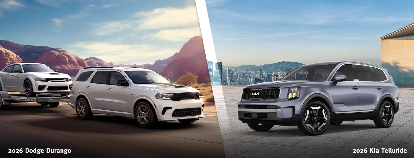 a 2026 Dodge Durango and a 2026 Kia Telluride in split image