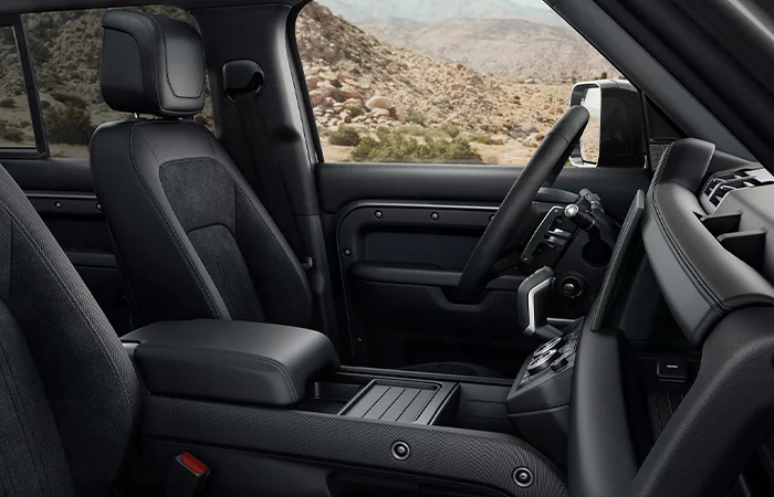 Interior view of the front seat of a 2025 Defender