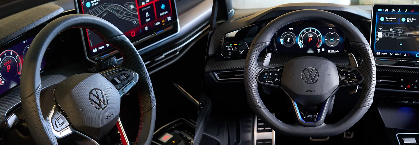 Close up view of the interior of the driver seat in a 2025 Volkswagen Golf GTI