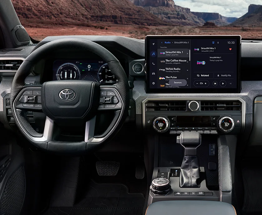 Interior view of the dashboard and tech of a 2026 Toyota Tacoma