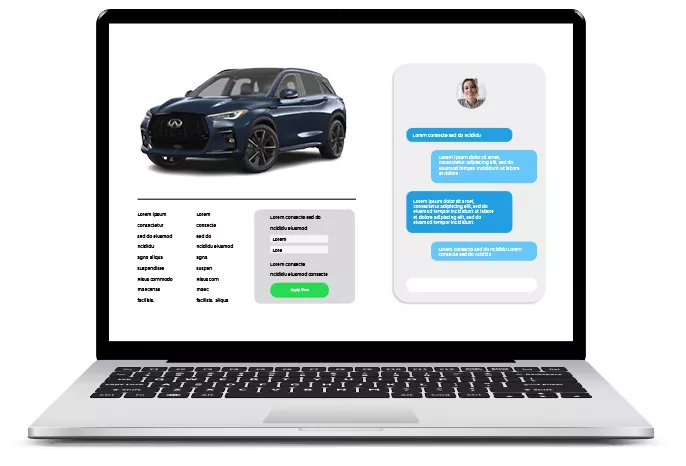 Laptop screen showing a red SUV above an online form on the left and a chat panel with user messages on the right.