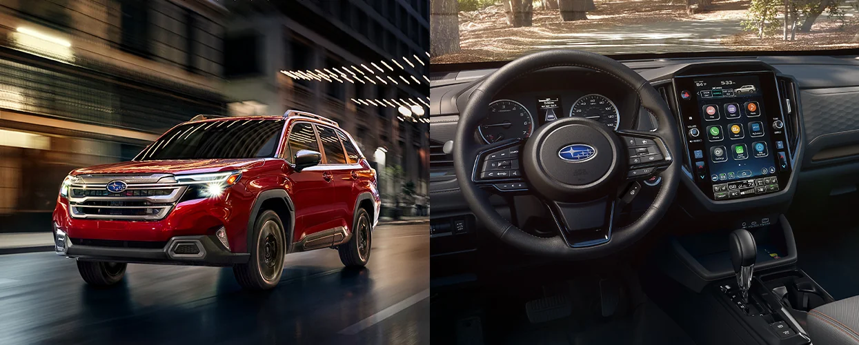 split image of red 2026 Subaru Forester and view of the interior