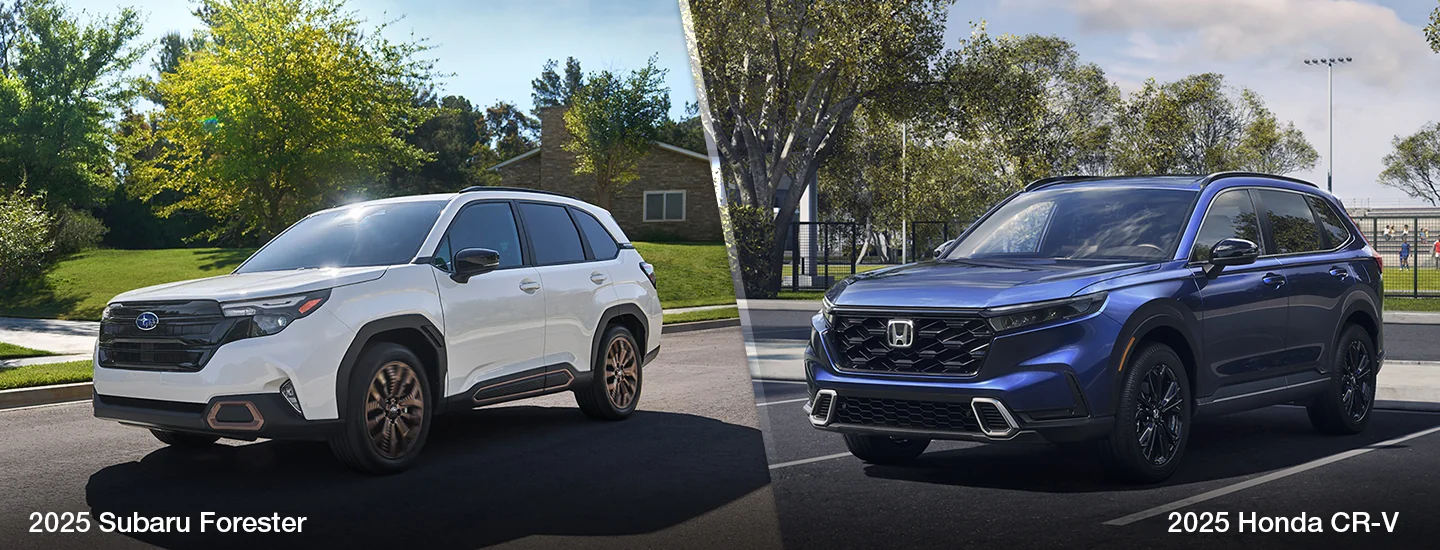 Side by side view of the 2025 Subaru Forester and 2025 Honda CR-V in Waco, TX