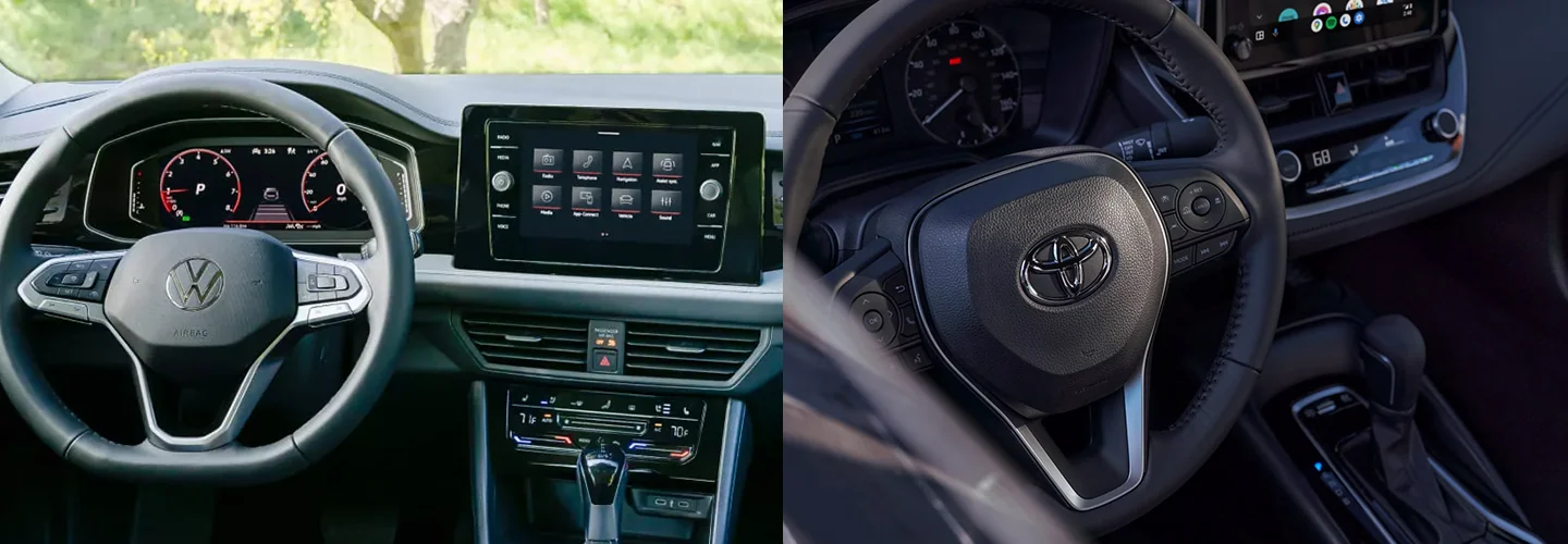 Side by side of the interior of a 2024 Volkswagen Jetta and Toyota Corolla