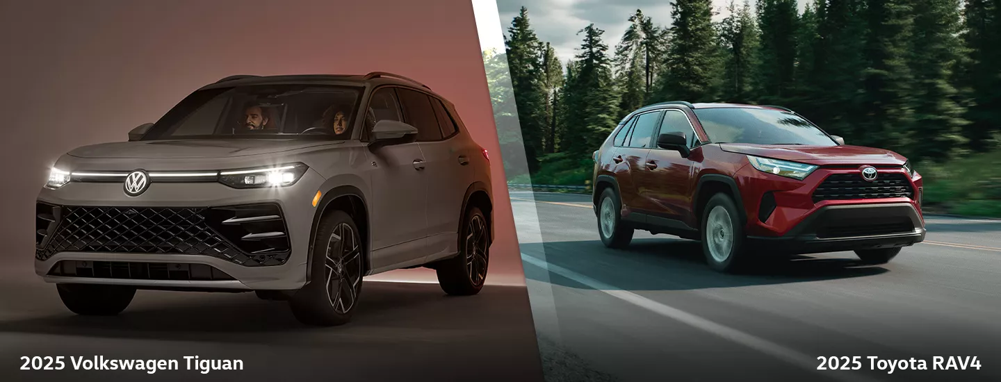 Side by side comparison of a 2025 Volkswagen Tiguan and a 2025 Toyota RAV4