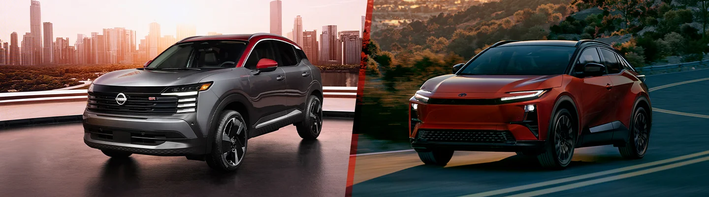 Side by side iamges of a Nissan Kicks and a Toyota C-HR