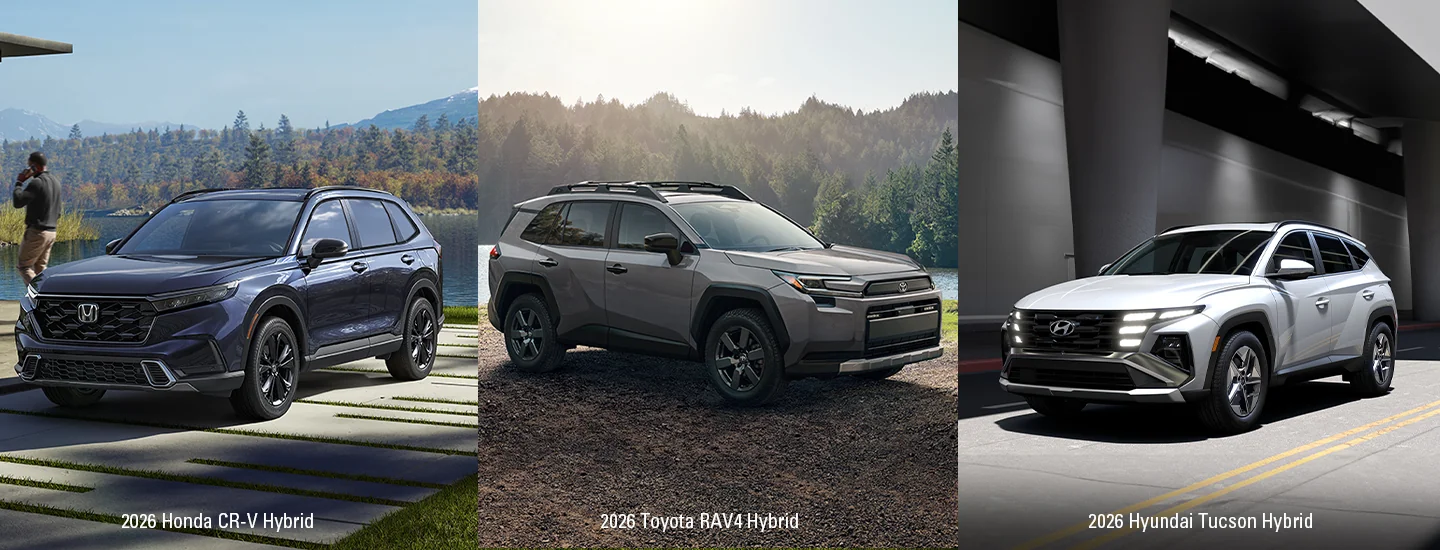 Side by side images of 2026 Honda CR-V Hybrid a Toyota RAV4 Hybrid and a Hyundai Tucson Hybrid