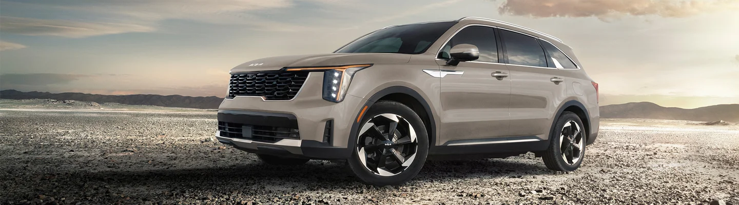 Tan Kia parked on dirt in the middle of nowhere