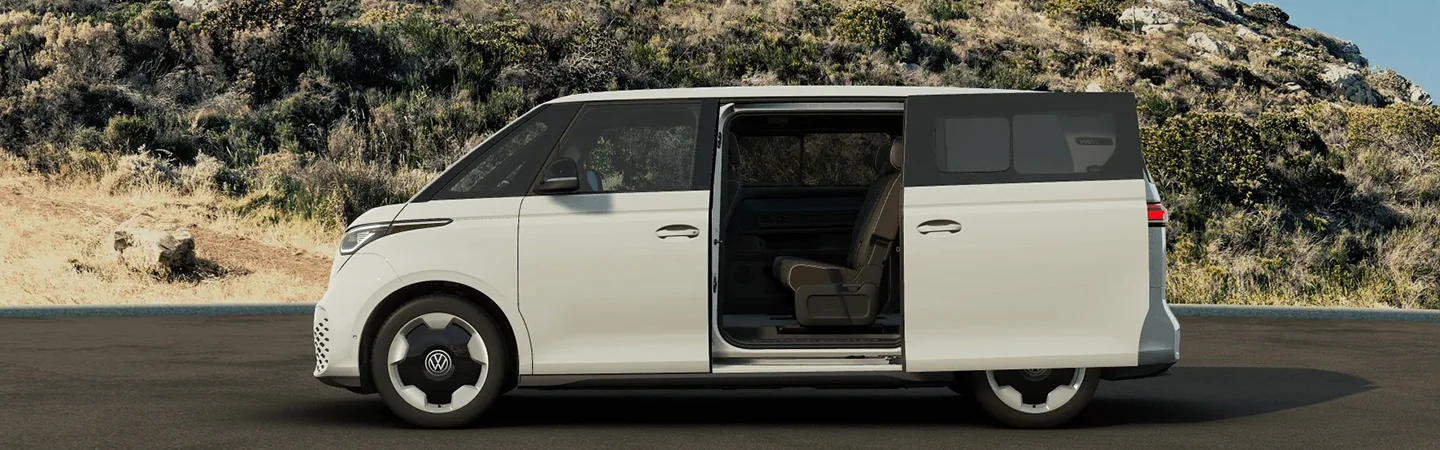 white showing side door open on a 2025 Volkswagen ID. Buzz Microbus