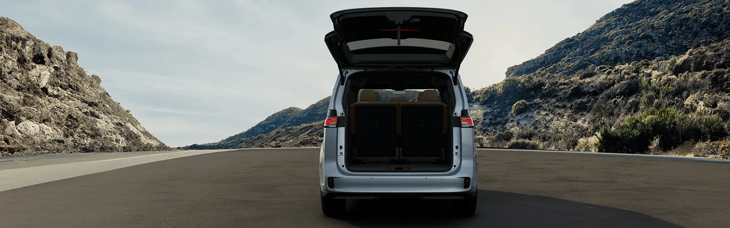 rear hatch open on a 2025 Volkswagen ID. Buzz Microbus