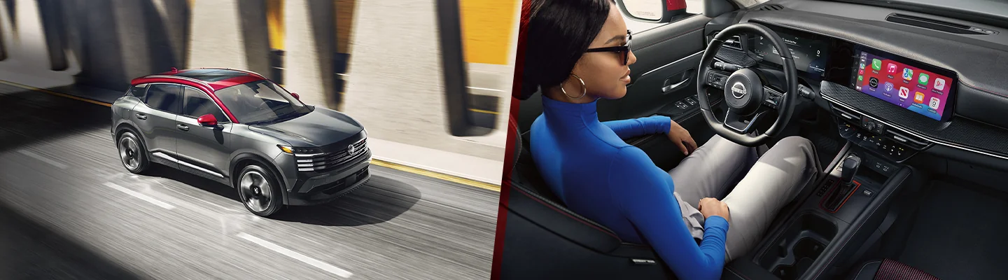 split screen top view of a Nissan Kicks and interior view