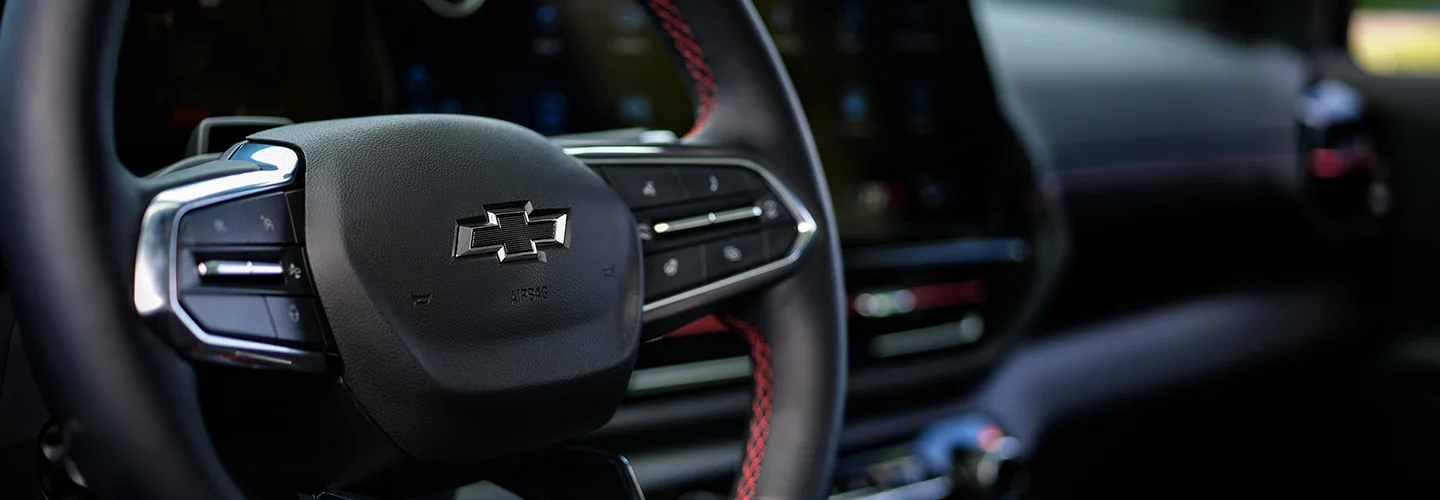 Interior view of the stearing wheel of a 2025 Chevrolet Silverado EV