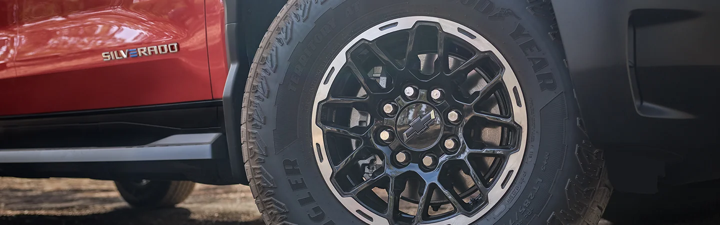 Close up view of a 2025 Chevrolet Silverado EV tire