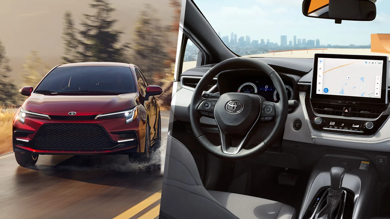 split image of exterior and interior of a 2026 Toyota Corolla
