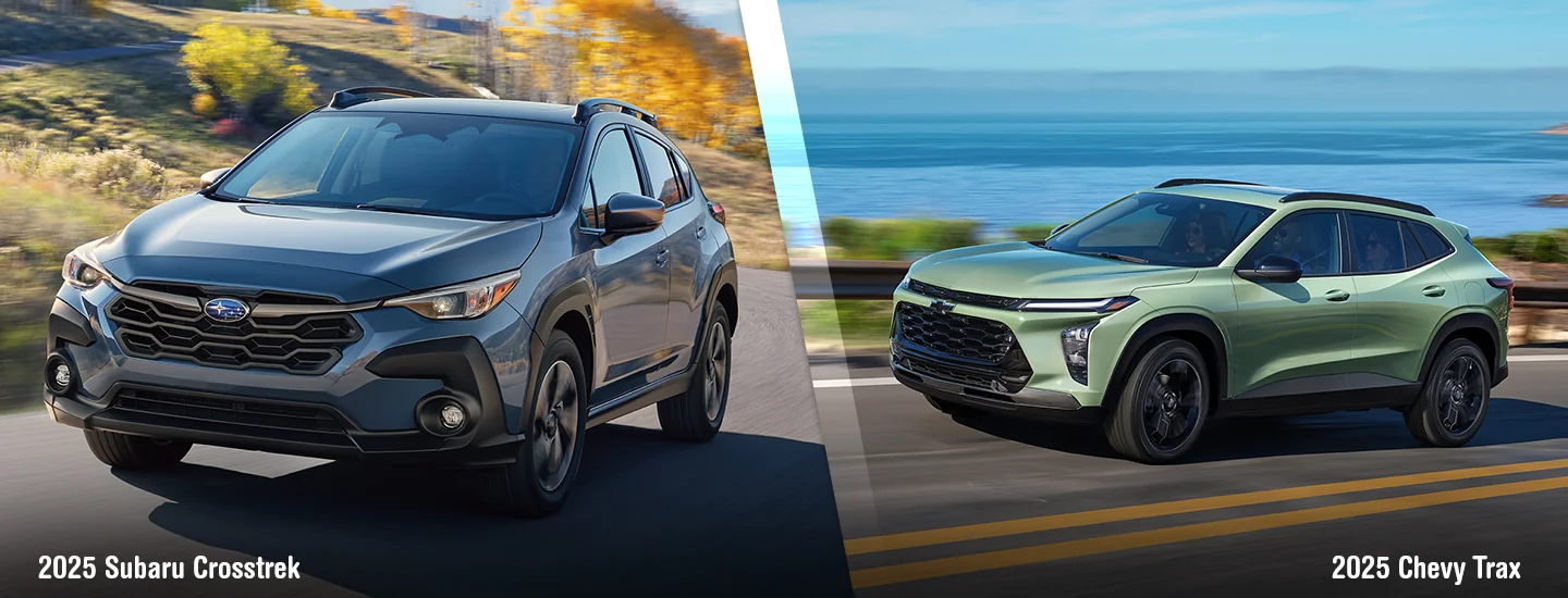 Side by side photos of a 2025 Subaru Crosstrek and a Chevrolet Trax driving down a road in Waco, TX