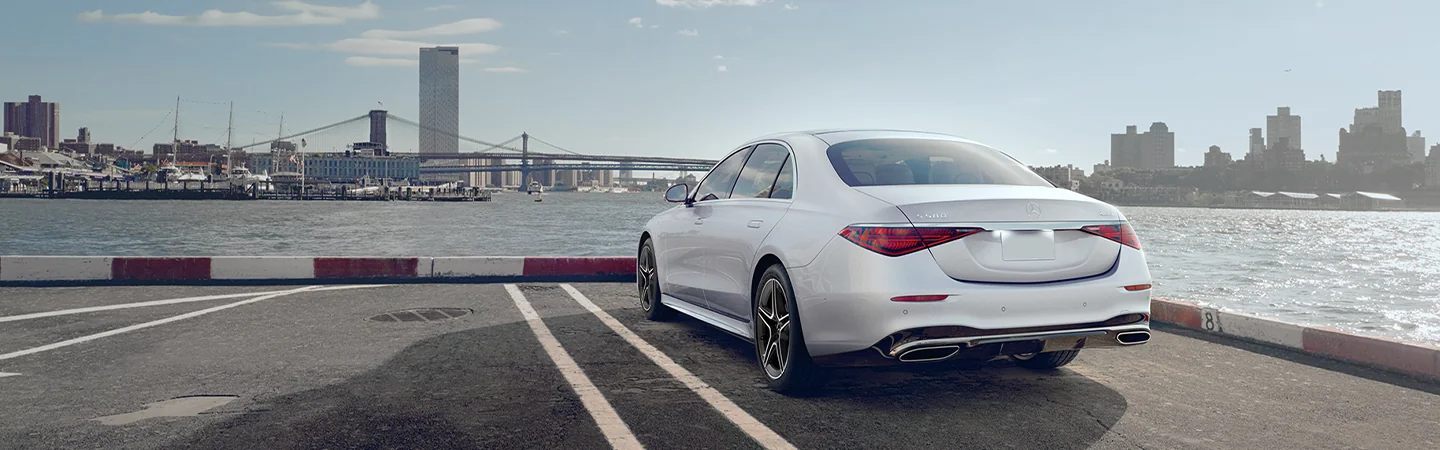 2025 Mercedes-Benz S-Class white color car stand on city