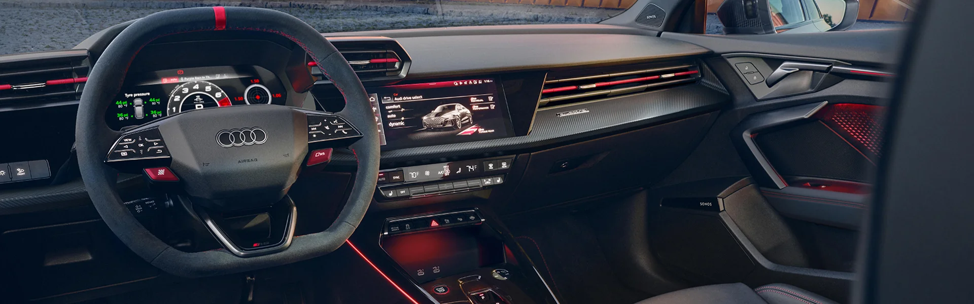 Interior view of the dashboard and tech of a 2026 Audi RS 3