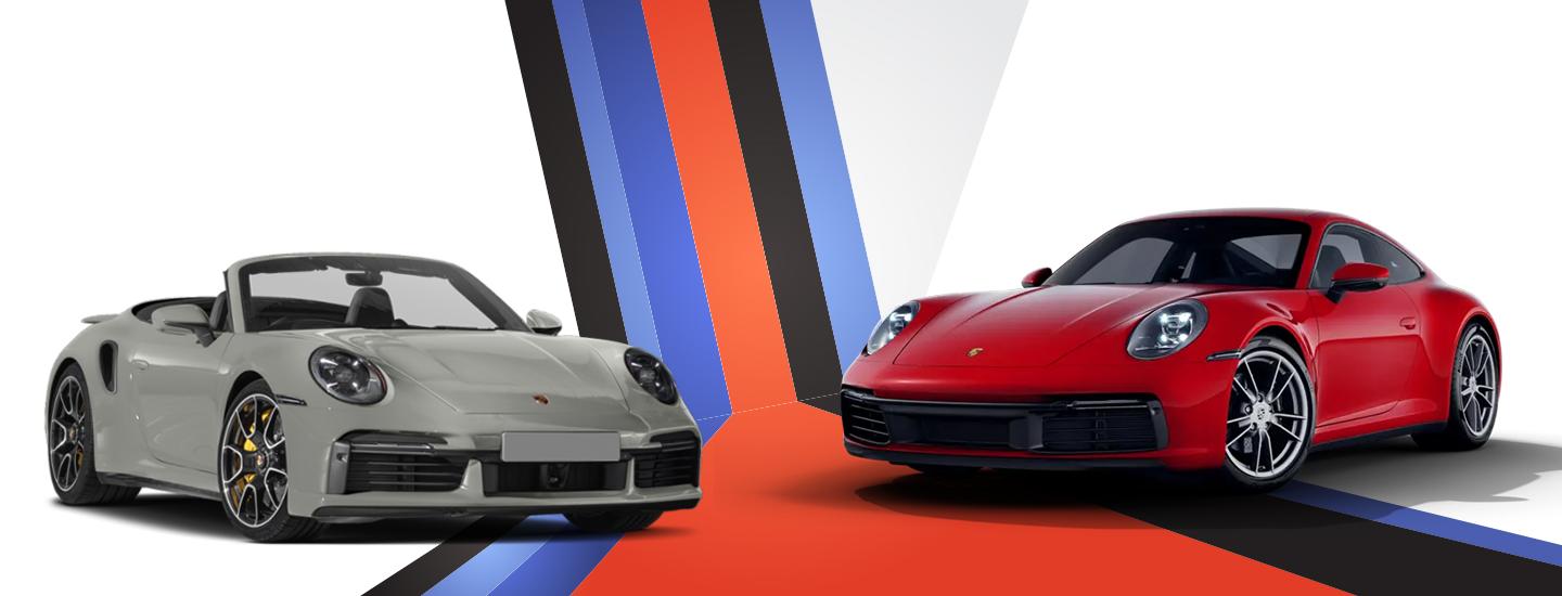 A white and red 2021 Porsche 911 parked next to each other