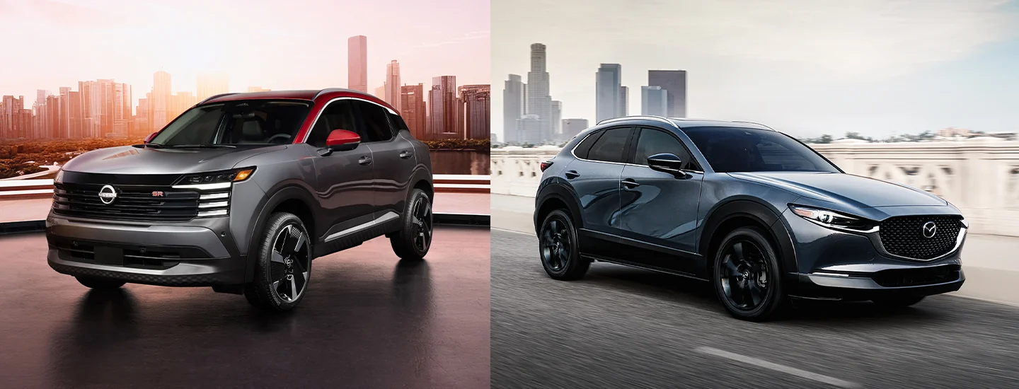 A 2025 Nissan Kicks and Mazda CX-30  side by side images