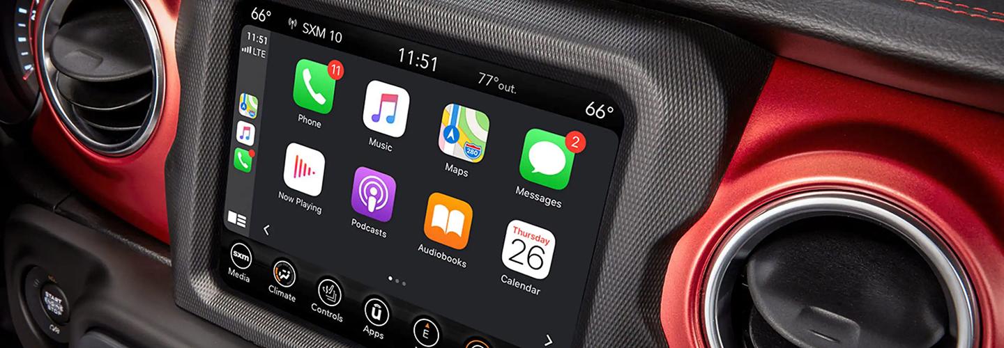 Close-up of the 2021 Jeep Wrangler infotainment system.