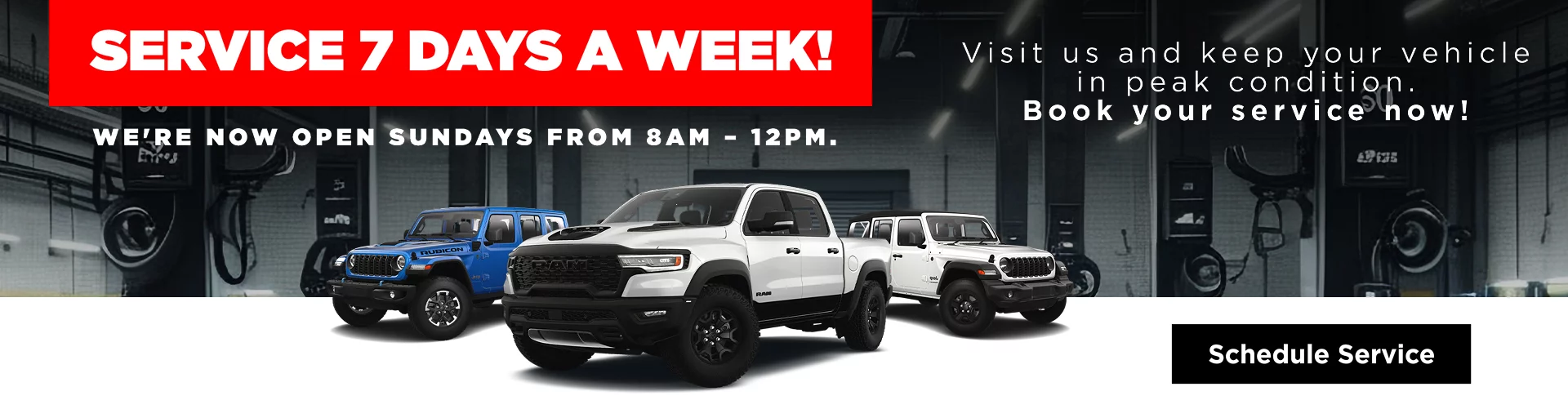 SERVICE 7 DAYS A WEEK! WE'RE NOW OPEN SUNDAYS FROM 8AM - 12PM. Visit us and keep your vehicle in peak condition. Book your service now!